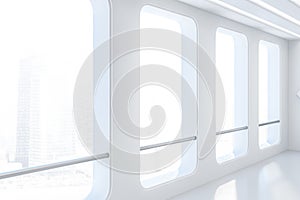 Futuristic empty white room loft windows side view