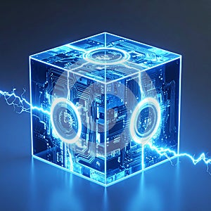 Futuristic Energy Core Cube with Glowing Circuits