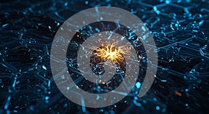 Futuristic energy core inside blue lattice structure