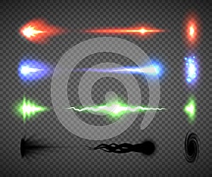 Futuristic energy weapon firing effect vectors, sci-fi or computer game graphics of weapon nozzle flash, projectile and hit photo