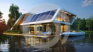 A futuristic energyefficient home with a solar panel roof utilizing stateoftheart floating panel technology on its photo