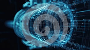 Futuristic engine blueprint displaying wireframe digital design