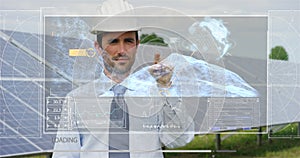 A futuristic engineer-expert in solar photovoltaic panels, uses a hologram with remote control, performs complex actions to monito