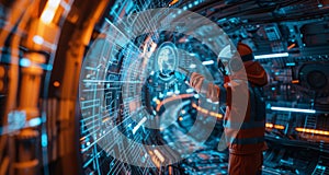 Futuristic engineer in high-tech suit interacting with digital interface in advanced space station photo