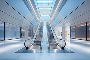 Futuristic Escalator in a Modern Shopping Mall Business Center.