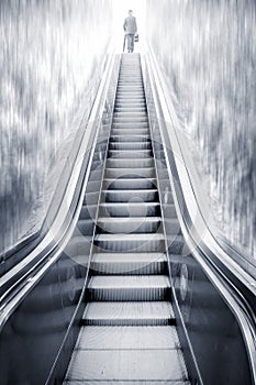 Futuristic escalator between waterfalls and a man on the top, re