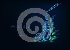 Futuristic essential oils therapy concept with pipette, bottle, oil drop, herbal leaves, lemon