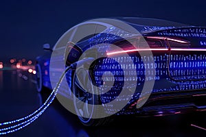 Futuristic EV Car Electric Plug and Battery Charger on Blue Abstract Digital Binary Code Background - Alternative Energy