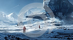 Futuristic exploration in a snowy alien landscape with spaceship