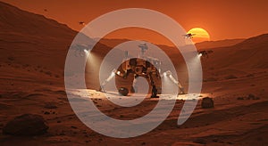 Futuristic exploration team scans the Martian surface