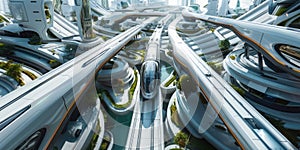 Futuristic express train riding on the elevated track. City of future urban concept