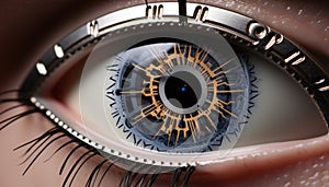 Futuristic eye with advanced tech and digital focus on business concepts of time and vision