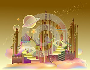 Futuristic fantastic landscape of a fairytale city on an alien planet. Flight to Mars. Abstract fantasy background of fairyland