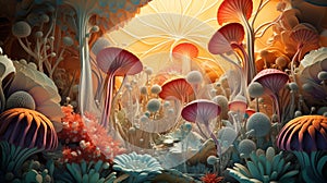 Futuristic fantasy floral composition of mushrooms, algae, flowers and other plants. Background with natural motif for design