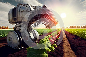 Futuristic farming machines and solar powered robots working in orchand. Generative AI