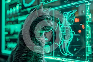 Futuristic Feline with Cybernetic Enhancements Concept Illustration on Teal Glowing Background