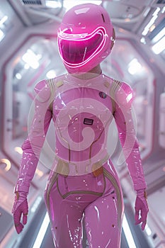 Futuristic Female Astronaut in Pink Space Suit with Neon Visor Helmet in Spacecraft Corridor
