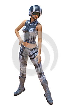 Futuristic Female Cop in Camouflage Fatigues and Helmet