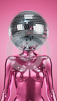 Futuristic Female Mannequin with Mirrored Disco Ball Head on Pink Background