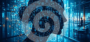 Futuristic Female Profile Made Of Data Patterns Inside Modern Technology Workspace