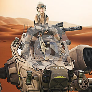 Futuristic Female soldier sitting on top of her piloted Mech robot machine. photo