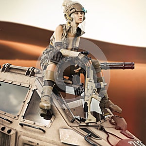 Futuristic Female soldier sitting on top of her piloted Mech robot machine. photo