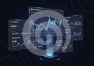 Futuristic financial dashboard interface displays various