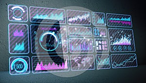 Futuristic financial data interface with charts and graphs on a smart device, glowing neon design. 3D Rendering