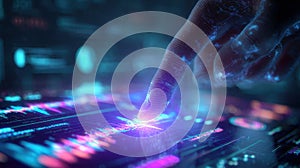 Futuristic Finger Touching Digital Interface with Neon Glow and Data Visuals