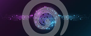Futuristic fingerprint. Biometric data security. Dashboard display. Big data CPU. Scan user. Touch screen panel. Computer circuit