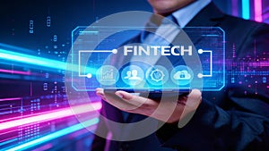 Futuristic FinTech Interface Displayed on Digital Tablet with Data Analytics and Secure Financial Technology Icons