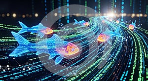 Futuristic fish swimming in digital stream of binary code, AI big data concept