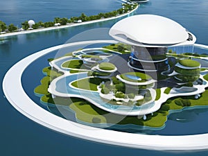 Futuristic Floating Island with Dome Structure and Green Spaces - Visionary Eco-Friendly Urban Design on Water photo