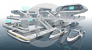 Futuristic floating structure featuring sleek, angular architecture with large