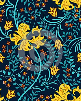 Futuristic floral seamless pattern with big flowers, tulips and foliage on dark background. Vector illustration.