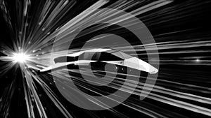 Futuristic flying abstract machine in space and glowing white light stripes on black background, monochrome. Animation