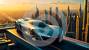 futuristic flying car in the city delivery