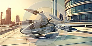 Futuristic flying car concept landing in a modern city