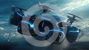 Futuristic Flying car concept, flying machine, flying above the land. Generative AI photo