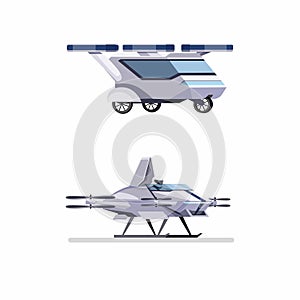 Futuristic flying car drone with passenger concept in flat cartoon illustration vector isolated in white background