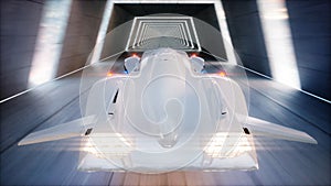 Futuristic flying car fast driving in sci fi tunnel, coridor. Concept of future. 3d rendering.