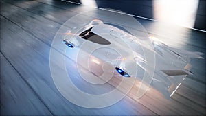 Futuristic flying car fast driving in sci fi tunnel, coridor. Concept of future. 3d rendering.