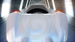 Futuristic flying car fast driving in sci fi tunnel, coridor. Concept of future. 3d rendering.