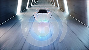 Futuristic flying car fast driving in sci fi tunnel, coridor. Concept of future. 3d rendering.