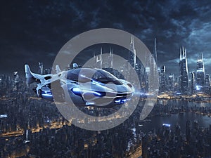 A futuristic flying car is floating on the top of a science fictional city