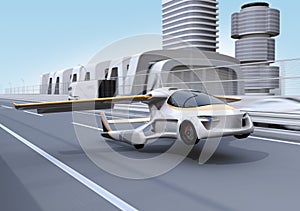 Futuristic flying car takes off from highway