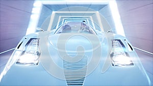Futuristic flying car with woman fast driving in sci fi tunnel, coridor. Concept of future. 3d rendering.