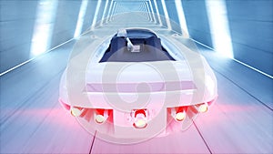 Futuristic flying car with woman fast driving in sci fi tunnel, coridor. Concept of future. 3d rendering.