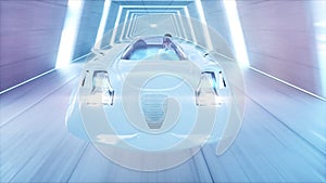 Futuristic flying car with woman fast driving in sci fi tunnel, coridor. Concept of future. 3d rendering.