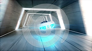 Futuristic flying car with woman fast driving in sci fi tunnel, coridor. Concept of future. Realistic 4k animation.